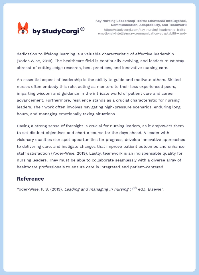 Key Nursing Leadership Traits: Emotional Intelligence, Communication, Adaptability, and Teamwork. Page 2
