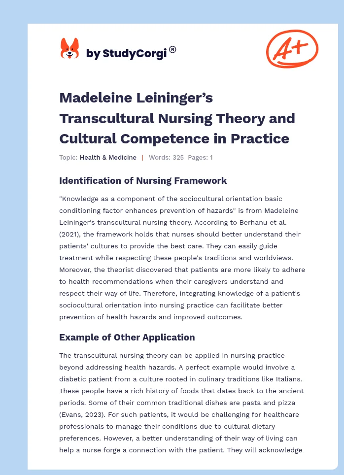 Madeleine Leininger’s Transcultural Nursing Theory and Cultural Competence in Practice. Page 1