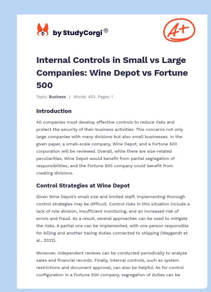 Internal Controls in Small vs Large Companies: Wine Depot vs Fortune 500. Page 1