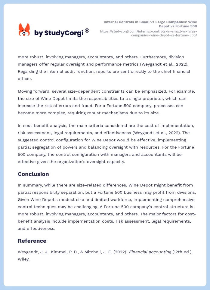 Internal Controls in Small vs Large Companies: Wine Depot vs Fortune 500. Page 2
