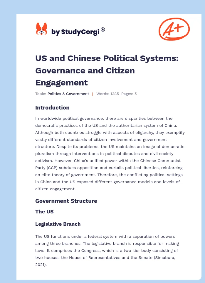 US and Chinese Political Systems: Governance and Citizen Engagement. Page 1