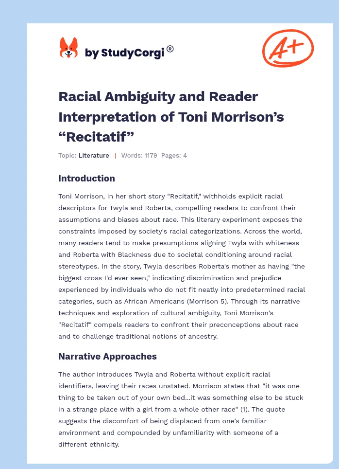Racial Ambiguity and Reader Interpretation of Toni Morrison’s “Recitatif”. Page 1