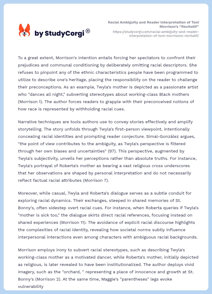 Racial Ambiguity and Reader Interpretation of Toni Morrison’s “Recitatif”. Page 2