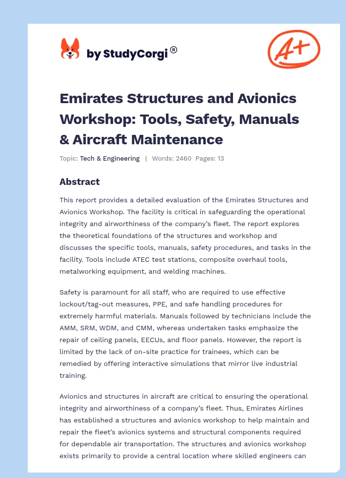 Emirates Structures and Avionics Workshop: Tools, Safety, Manuals & Aircraft Maintenance. Page 1