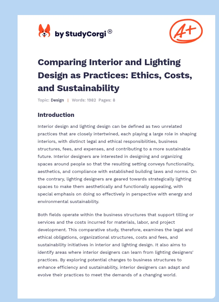Comparing Interior and Lighting Design as Practices: Ethics, Costs, and Sustainability. Page 1