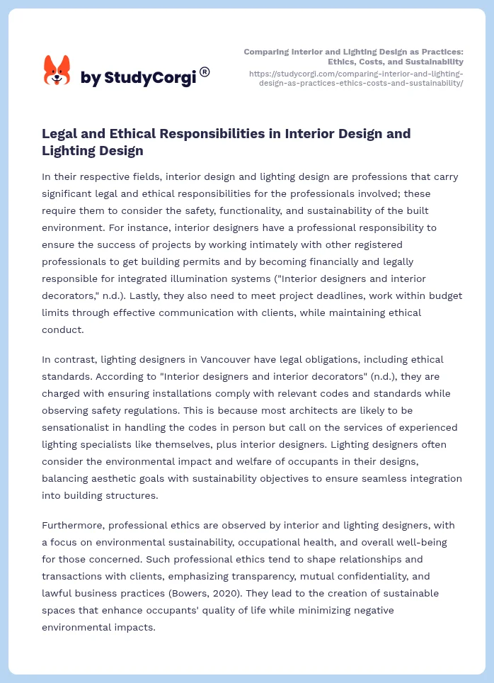 Comparing Interior and Lighting Design as Practices: Ethics, Costs, and Sustainability. Page 2