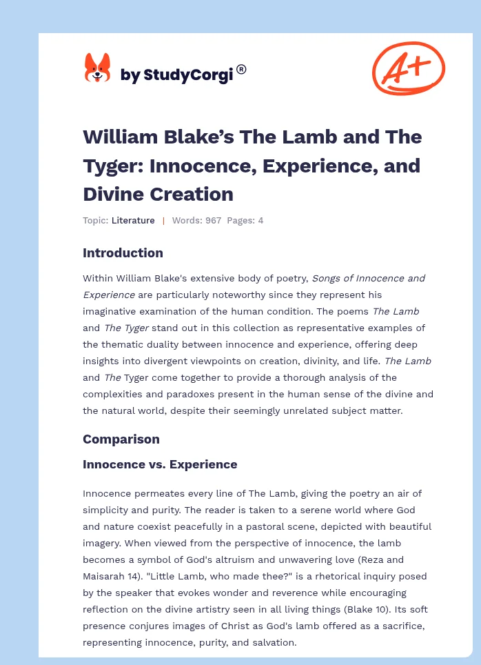 William Blake’s The Lamb and The Tyger: Innocence, Experience, and Divine Creation. Page 1