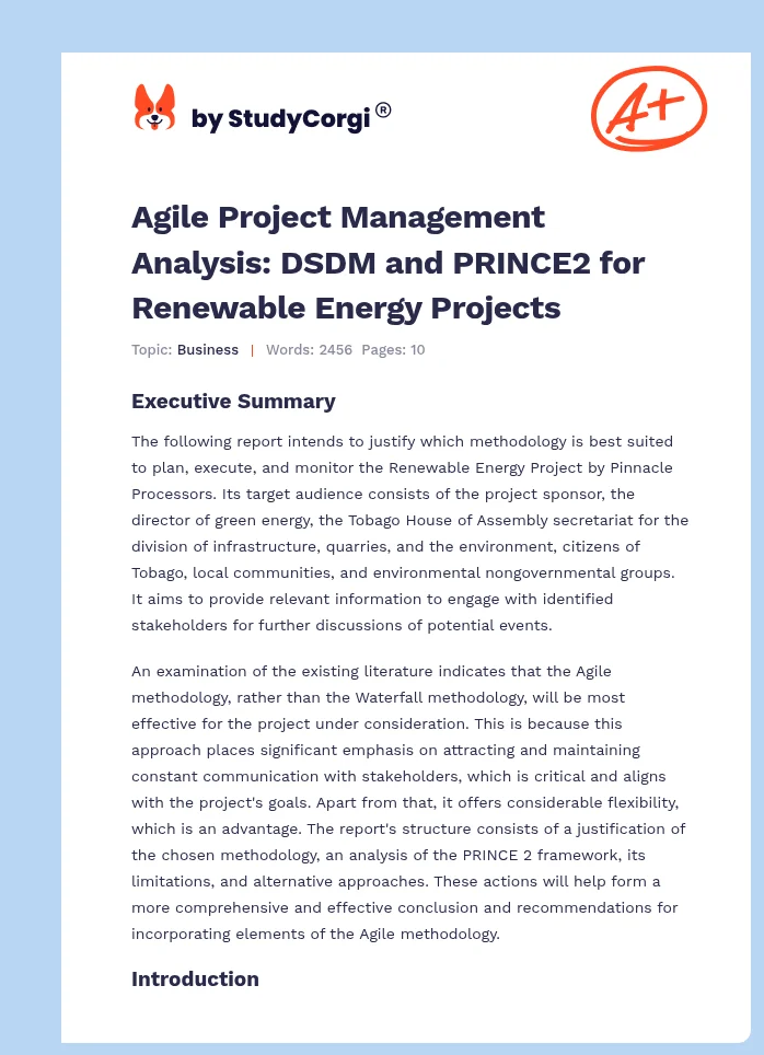 Agile Project Management Analysis: DSDM and PRINCE2 for Renewable Energy Projects. Page 1