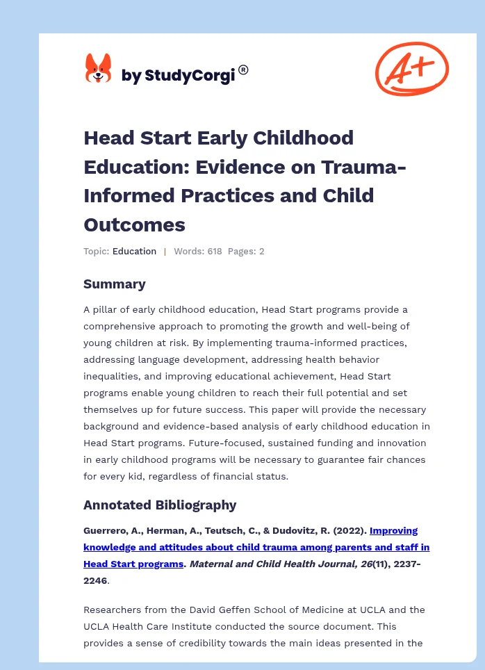Head Start Early Childhood Education: Evidence on Trauma-Informed Practices and Child Outcomes. Page 1