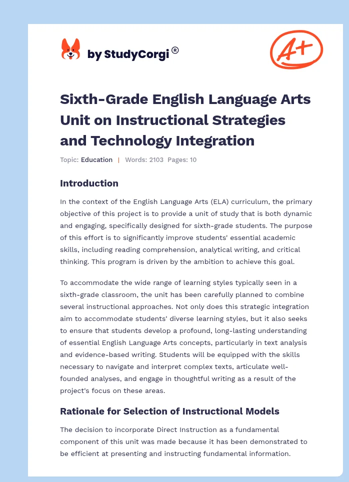 Sixth-Grade English Language Arts Unit on Instructional Strategies and Technology Integration. Page 1