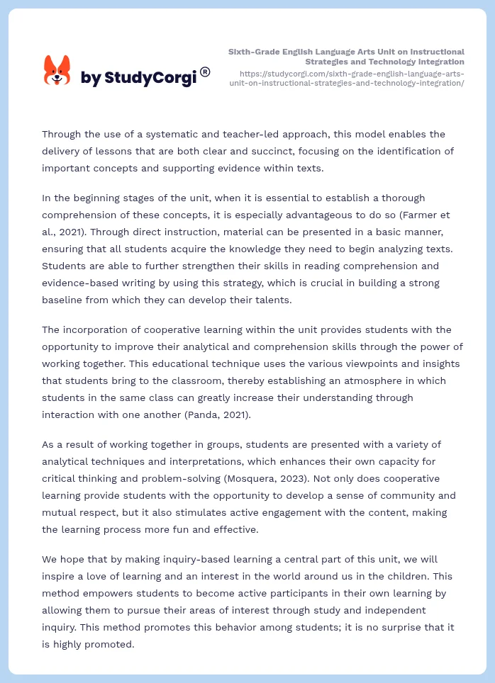 Sixth-Grade English Language Arts Unit on Instructional Strategies and Technology Integration. Page 2