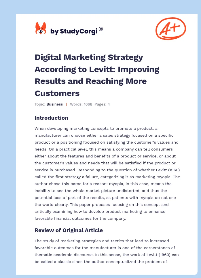 Digital Marketing Strategy According to Levitt: Improving Results and Reaching More Customers. Page 1
