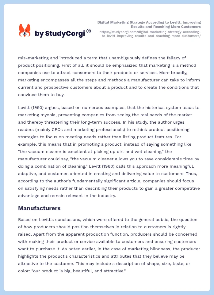 Digital Marketing Strategy According to Levitt: Improving Results and Reaching More Customers. Page 2