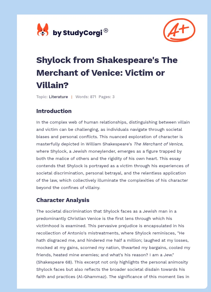 Shylock from Shakespeare's The Merchant of Venice: Victim or Villain?. Page 1