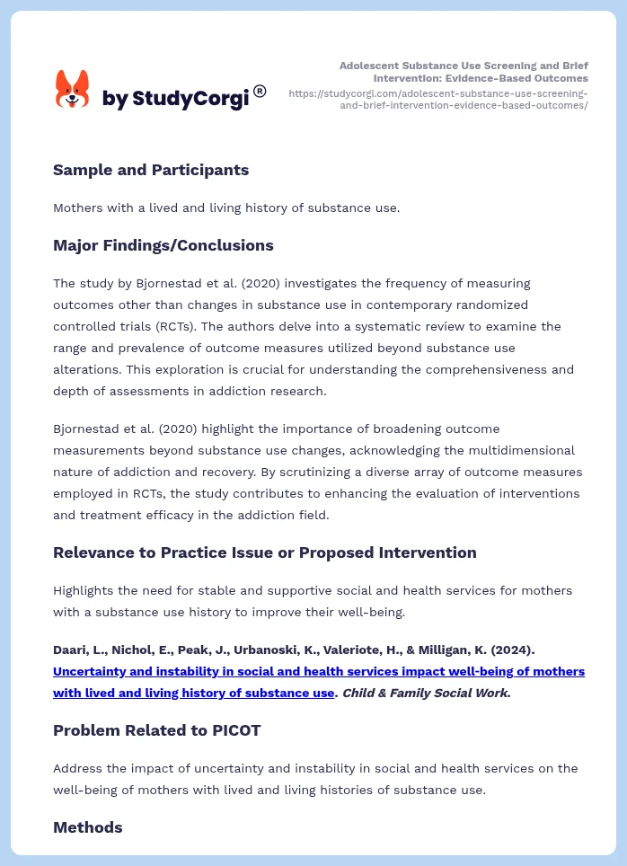 Adolescent Substance Use Screening and Brief Intervention: Evidence-Based Outcomes. Page 2