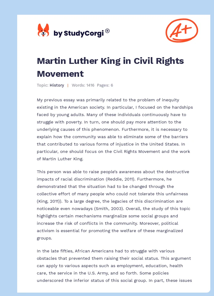 Martin Luther King in Civil Rights Movement. Page 1