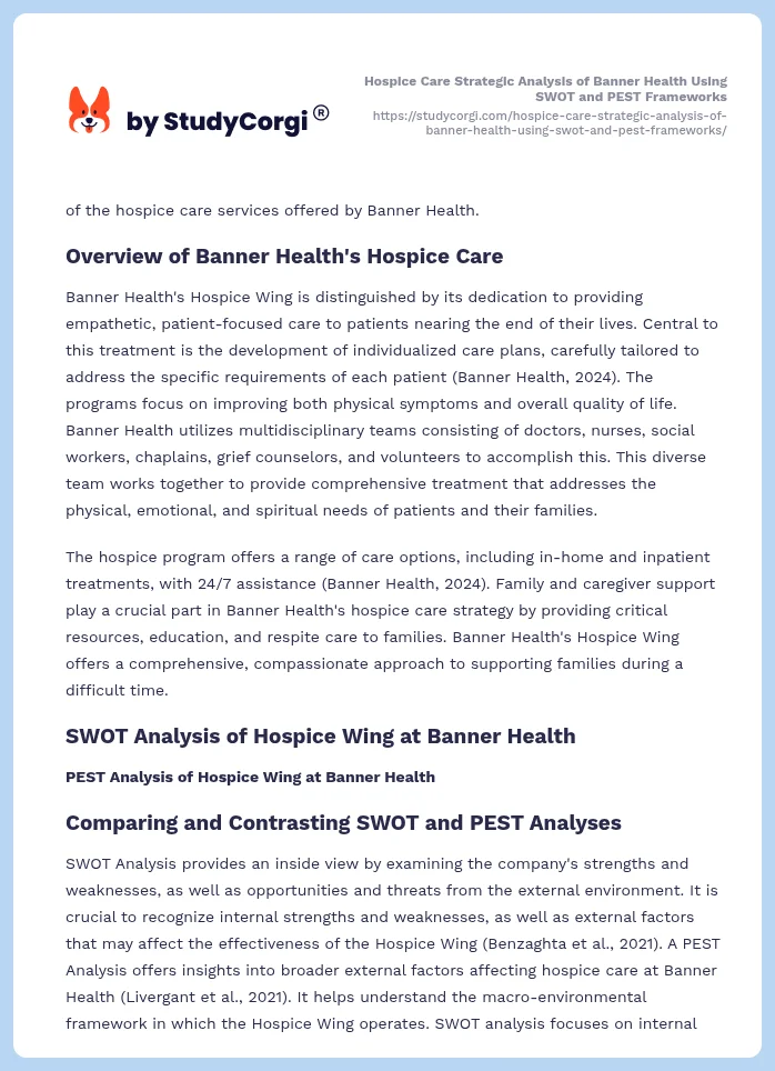 Hospice Care Strategic Analysis of Banner Health Using SWOT and PEST Frameworks. Page 2