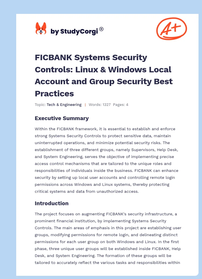 FICBANK Systems Security Controls: Linux & Windows Local Account and Group Security Best Practices. Page 1