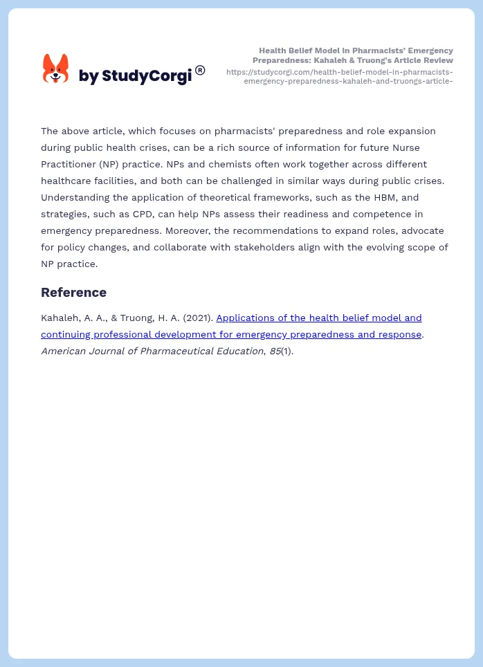 Health Belief Model in Pharmacists’ Emergency Preparedness: Kahaleh & Truong's Article Review. Page 2