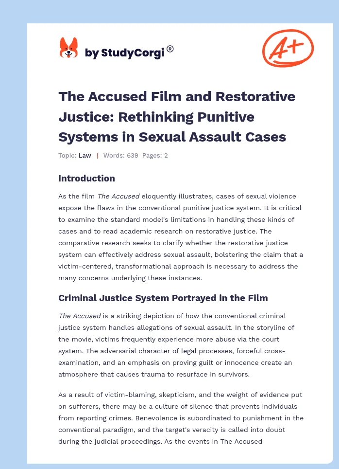 The Accused Film and Restorative Justice: Rethinking Punitive Systems in Sexual Assault Cases. Page 1