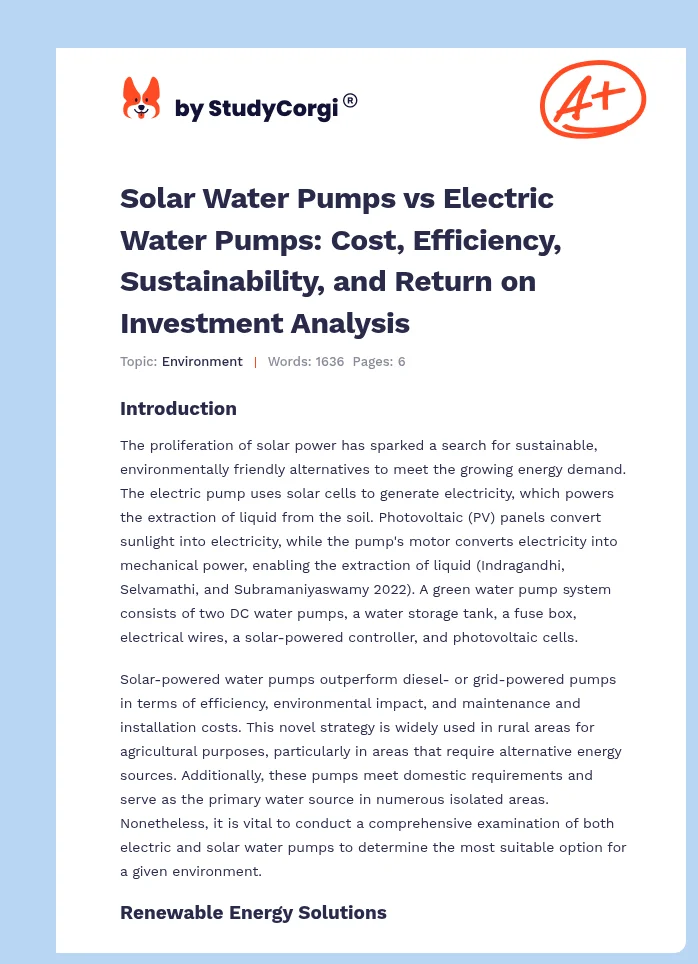 Solar Water Pumps vs Electric Water Pumps: Cost, Efficiency, Sustainability, and Return on Investment Analysis. Page 1