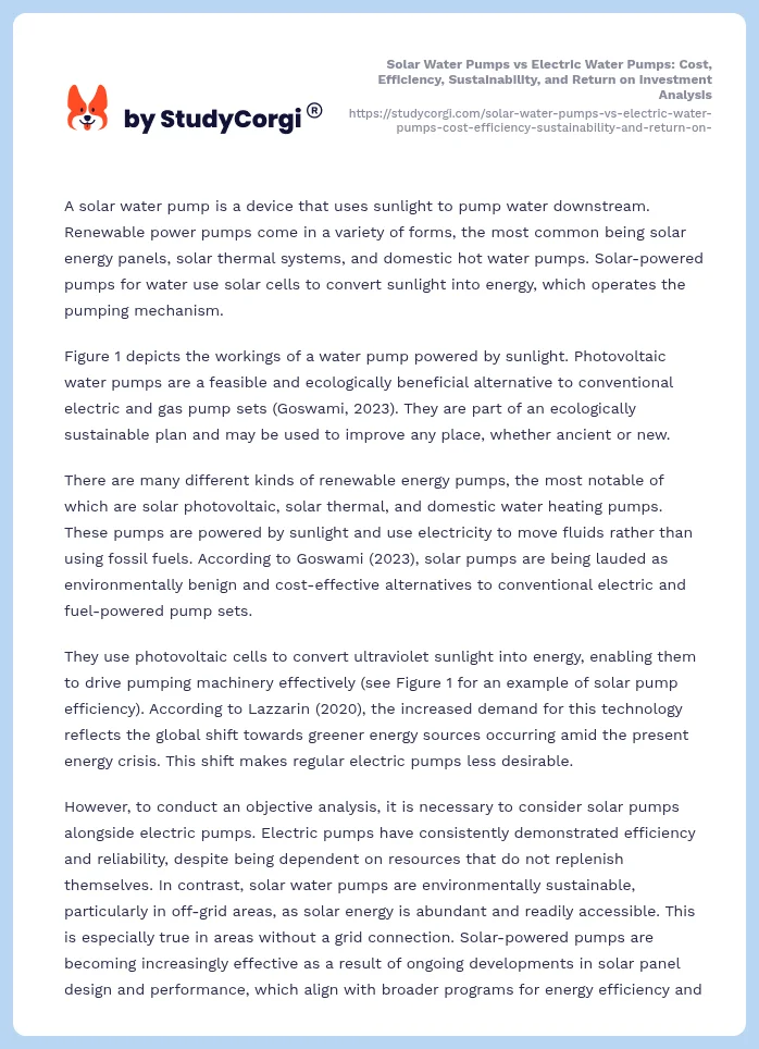 Solar Water Pumps vs Electric Water Pumps: Cost, Efficiency, Sustainability, and Return on Investment Analysis. Page 2
