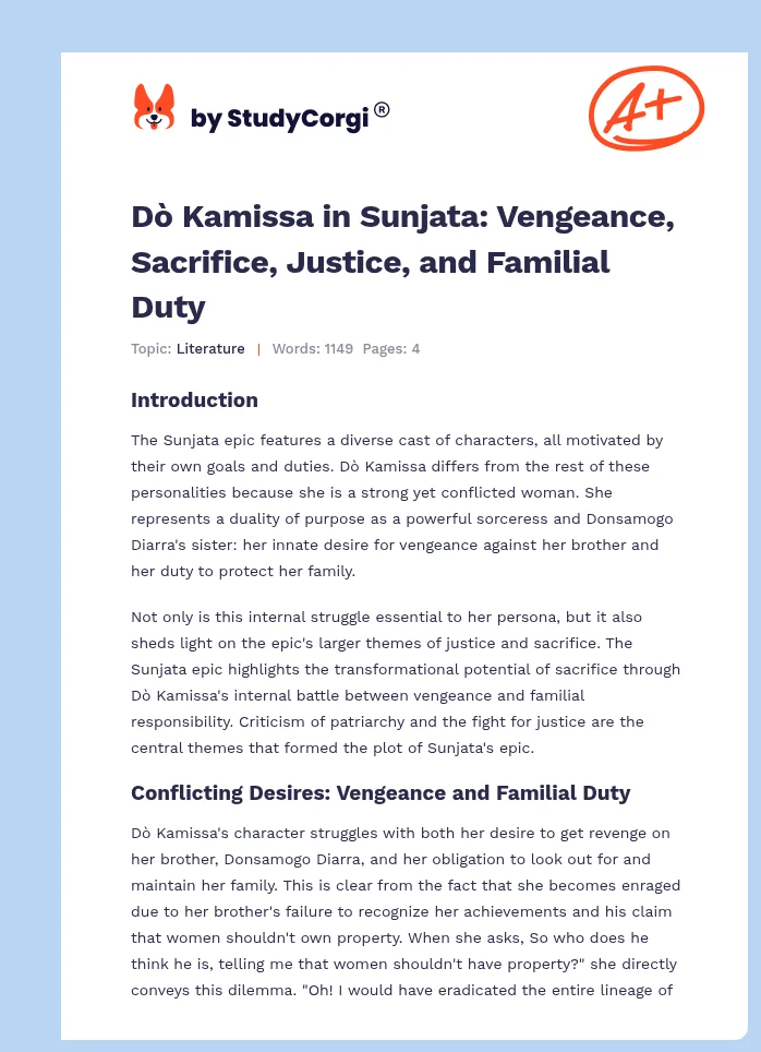 Dò Kamissa in Sunjata: Vengeance, Sacrifice, Justice, and Familial Duty. Page 1