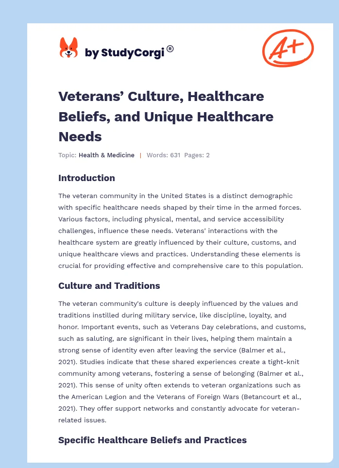 Veterans’ Culture, Healthcare Beliefs, and Unique Healthcare Needs. Page 1