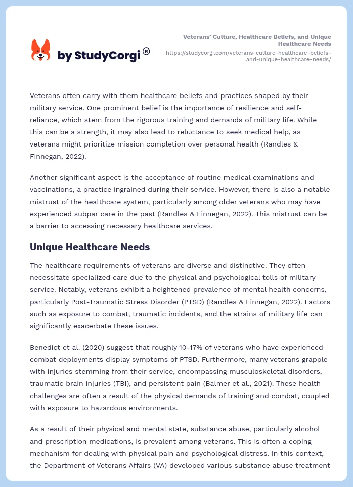 Veterans’ Culture, Healthcare Beliefs, and Unique Healthcare Needs. Page 2