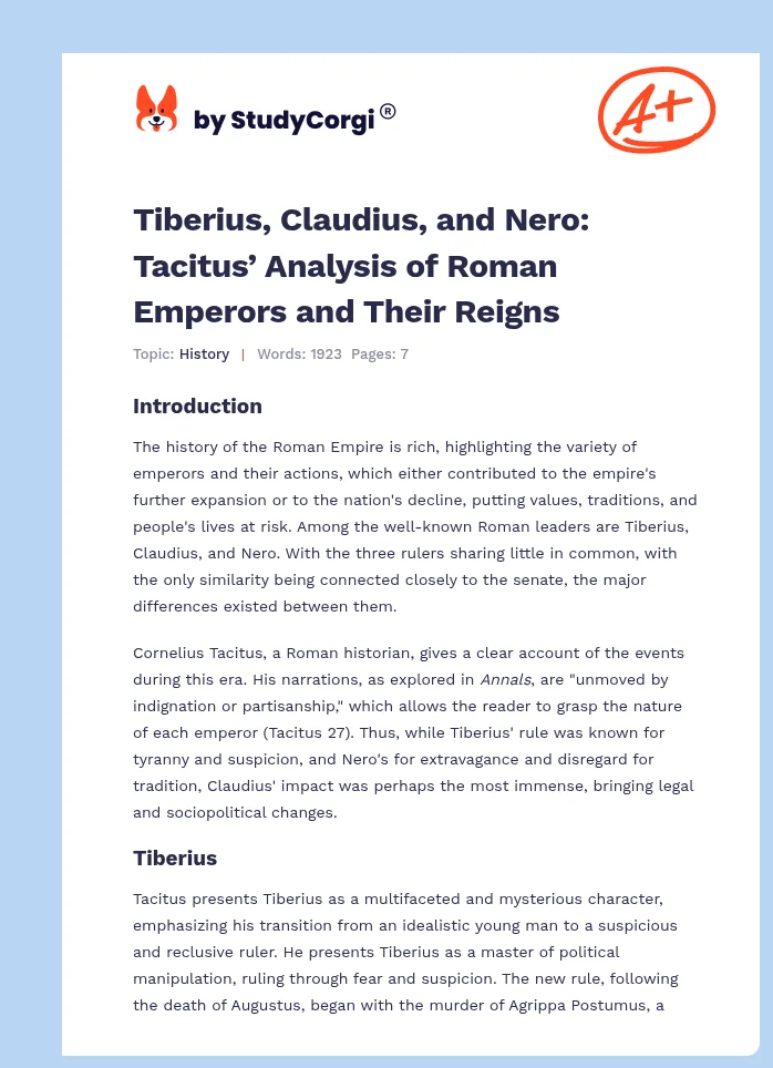 Tiberius, Claudius, and Nero: Tacitus’ Analysis of Roman Emperors and Their Reigns. Page 1