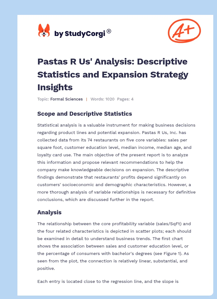 Pastas R Us' Analysis: Descriptive Statistics and Expansion Strategy Insights. Page 1