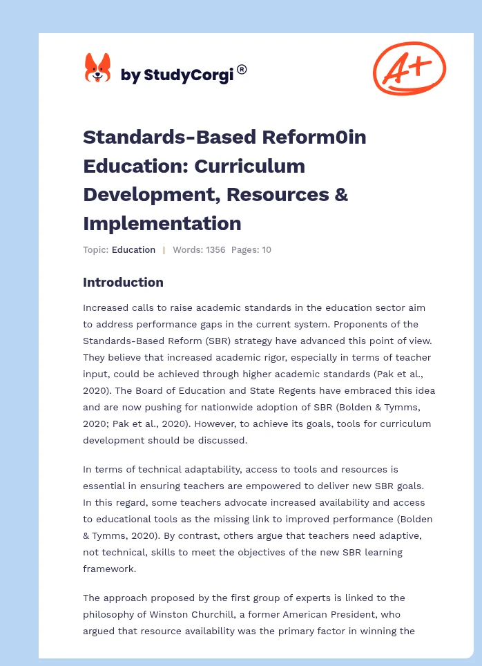 Standards-Based Reform0in Education: Curriculum Development, Resources & Implementation. Page 1
