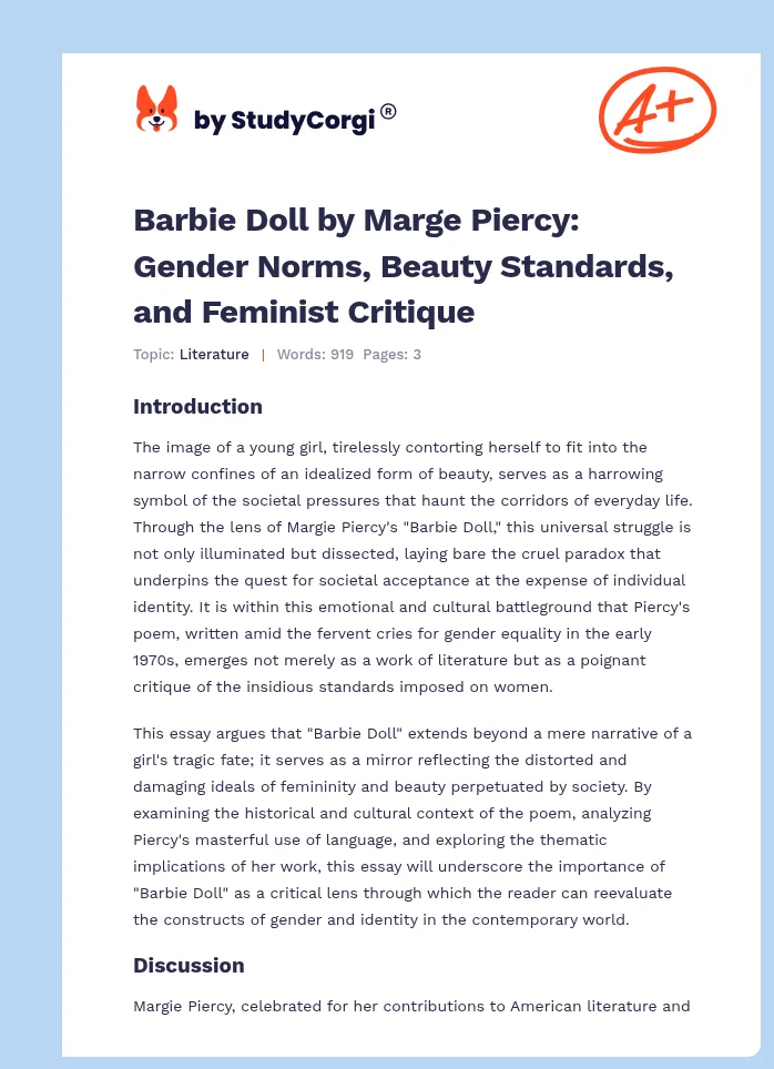 Barbie Doll by Marge Piercy: Gender Norms, Beauty Standards, and Feminist Critique. Page 1
