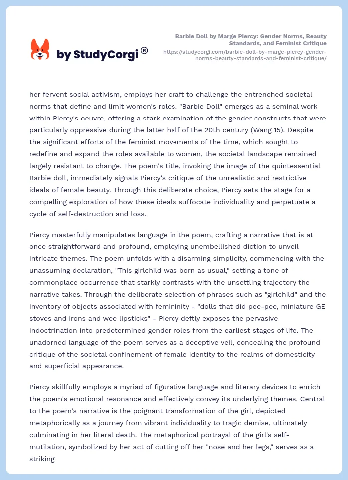 Barbie Doll by Marge Piercy: Gender Norms, Beauty Standards, and Feminist Critique. Page 2
