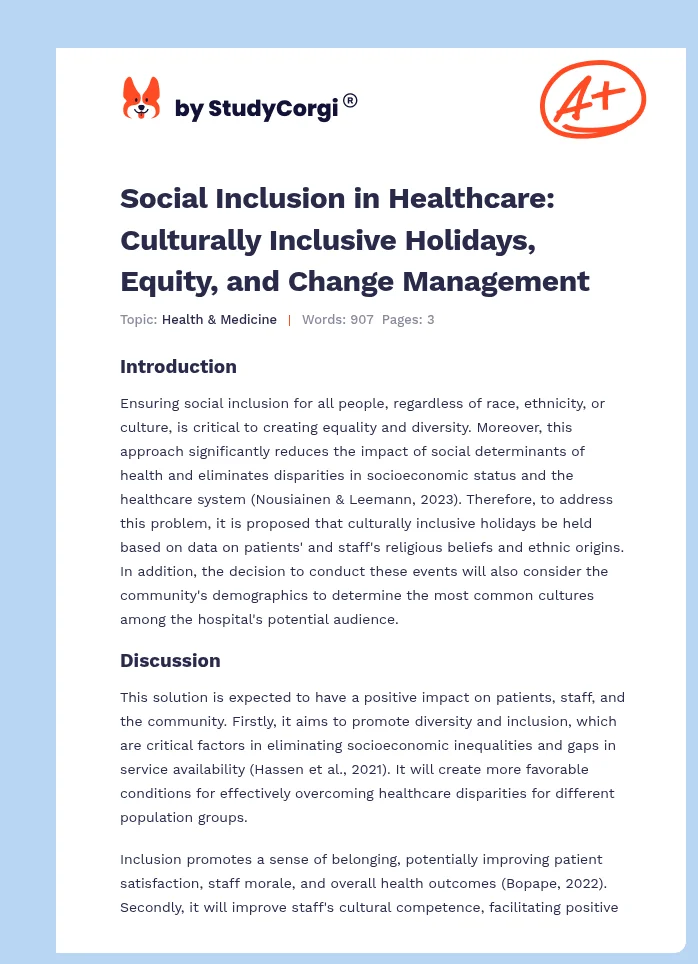 Social Inclusion in Healthcare: Culturally Inclusive Holidays, Equity, and Change Management. Page 1