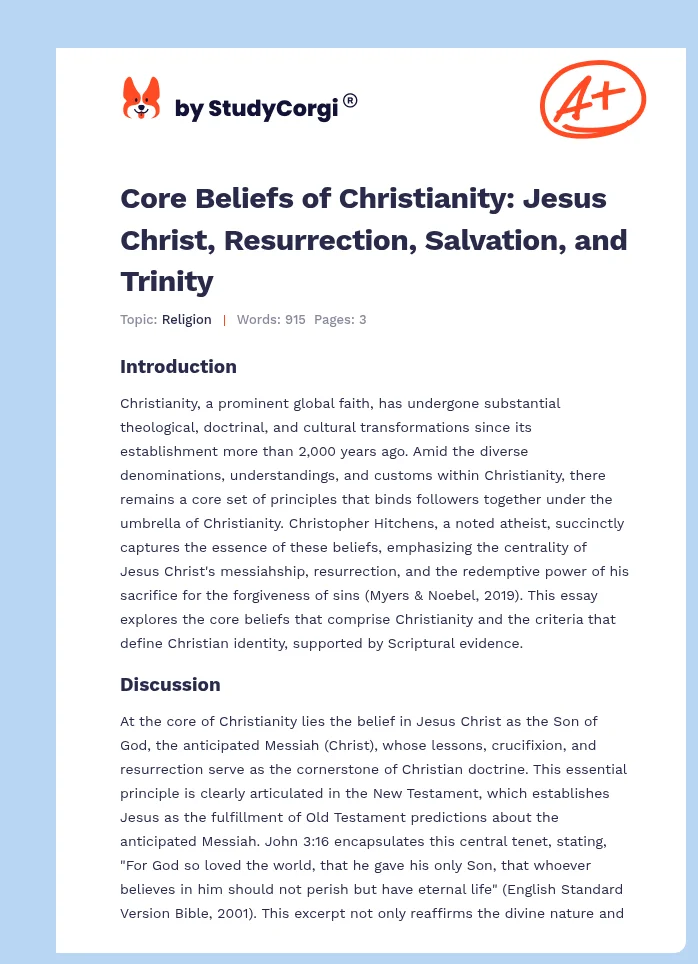 Core Beliefs of Christianity: Jesus Christ, Resurrection, Salvation, and Trinity. Page 1