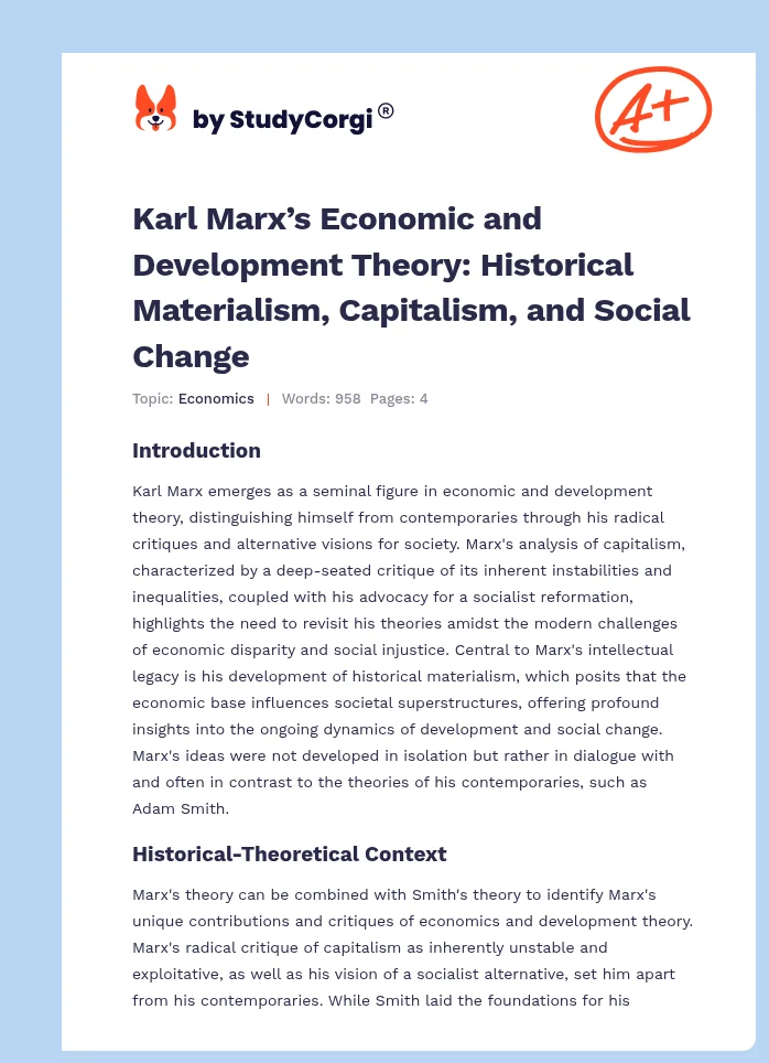 Karl Marx’s Economic and Development Theory: Historical Materialism, Capitalism, and Social Change. Page 1
