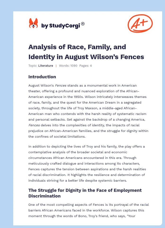 Analysis of Race, Family, and Identity in August Wilson’s Fences. Page 1