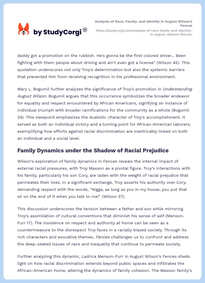 Analysis of Race, Family, and Identity in August Wilson’s Fences. Page 2