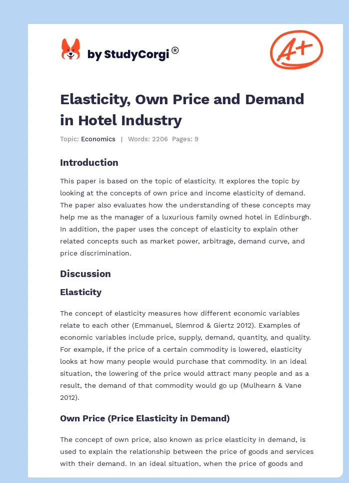 Elasticity, Own Price and Demand in Hotel Industry. Page 1