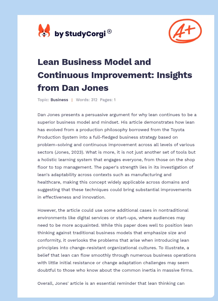 Lean Business Model and Continuous Improvement: Insights from Dan Jones. Page 1