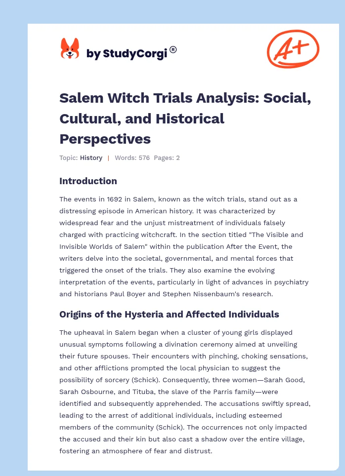 Salem Witch Trials Analysis: Social, Cultural, and Historical Perspectives. Page 1