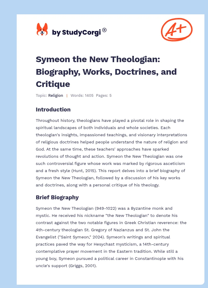 Symeon the New Theologian: Biography, Works, Doctrines, and Critique. Page 1