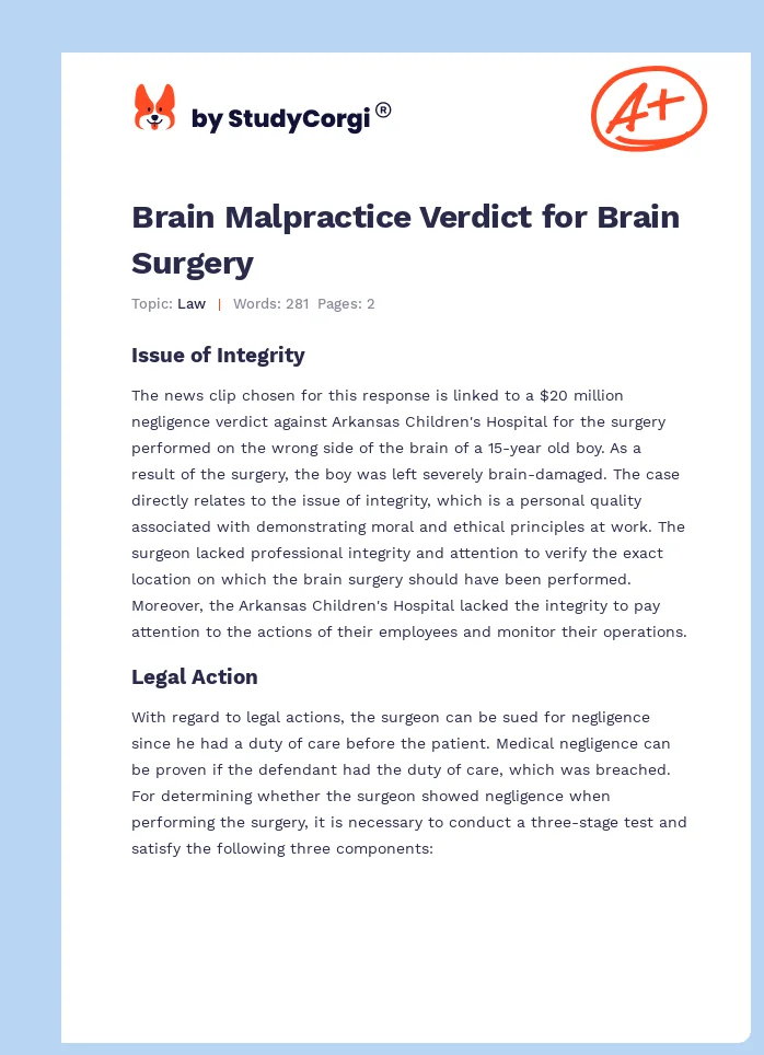 Brain Malpractice Verdict for Brain Surgery. Page 1
