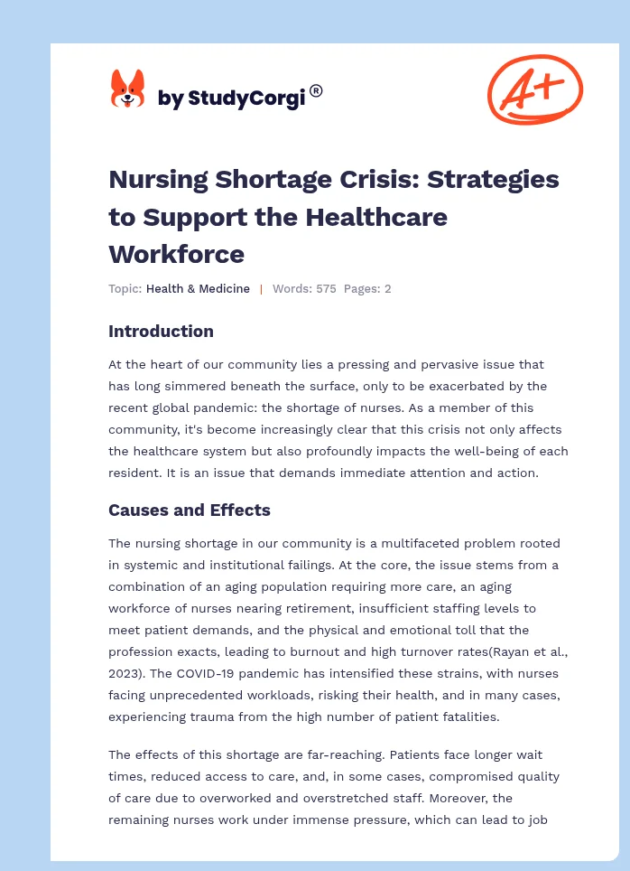Nursing Shortage Crisis: Strategies to Support the Healthcare Workforce. Page 1