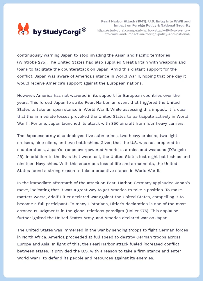 Pearl Harbor Attack (1941): U.S. Entry into WWII and Impact on Foreign Policy & National Security. Page 2