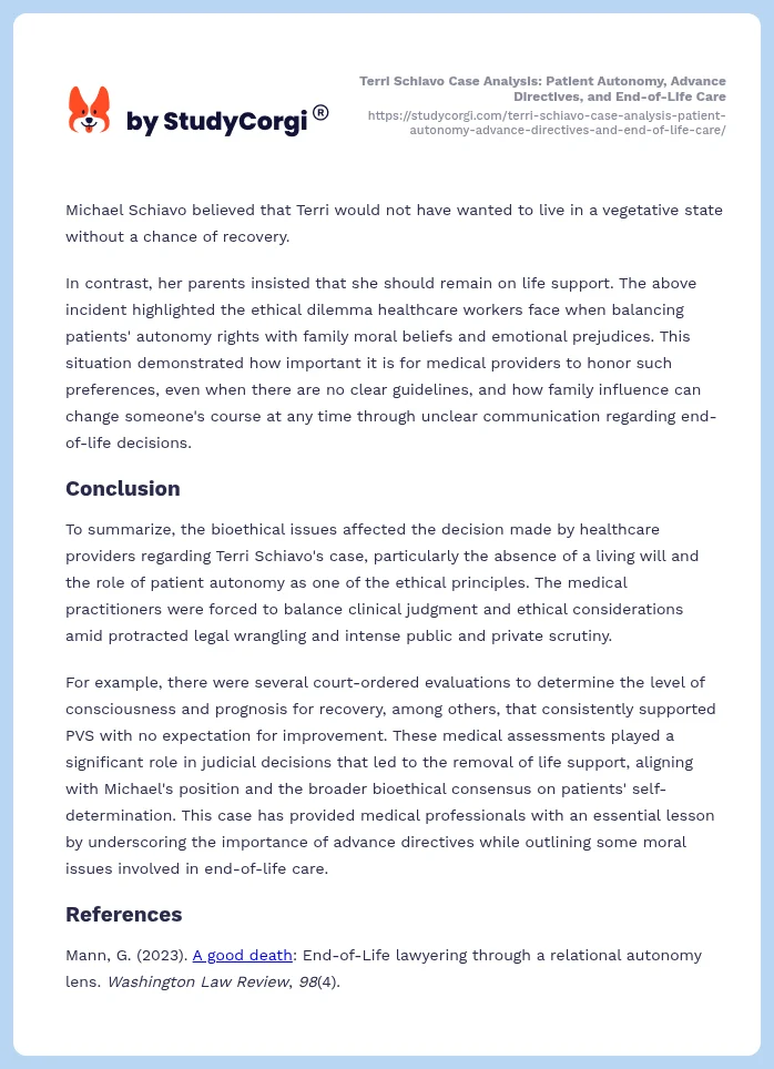 Terri Schiavo Case Analysis: Patient Autonomy, Advance Directives, and End-of-Life Care. Page 2