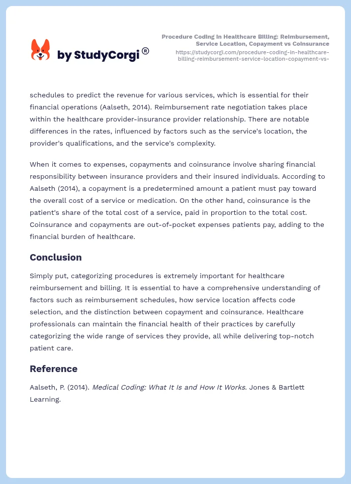 Procedure Coding in Healthcare Billing: Reimbursement, Service Location, Copayment vs Coinsurance. Page 2