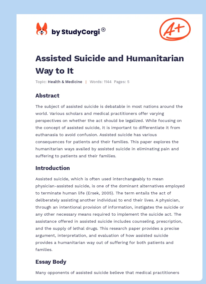Assisted Suicide and Humanitarian Way to It. Page 1