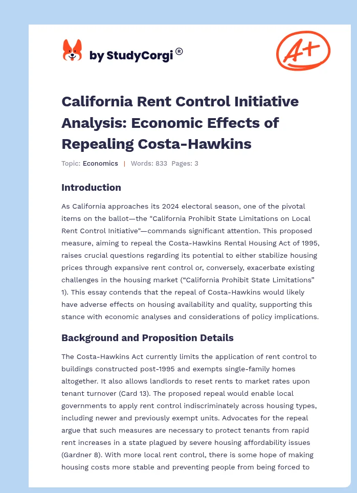 California Rent Control Initiative Analysis: Economic Effects of Repealing Costa-Hawkins. Page 1